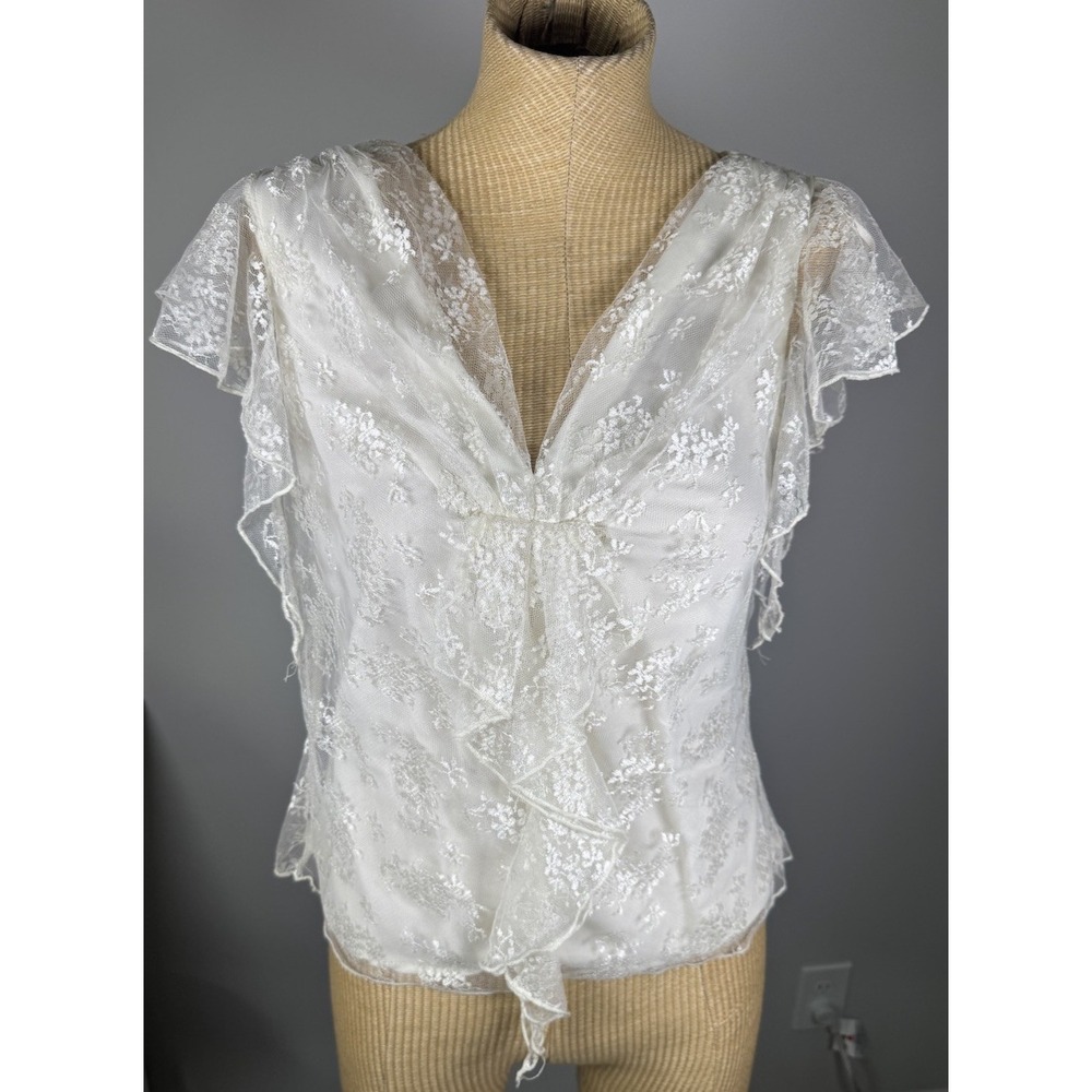 Vintage Y2K Babydoll‎ Top Lace Fairy Boho Mesh Short Sleeve Cream Ivory Small